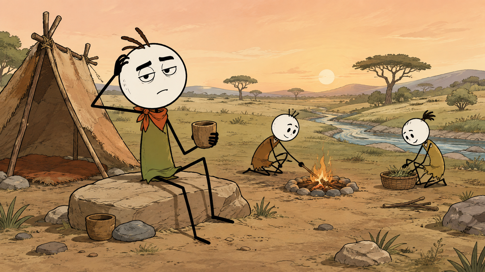 An illustrated early human watching the sun rise over a mountain valley